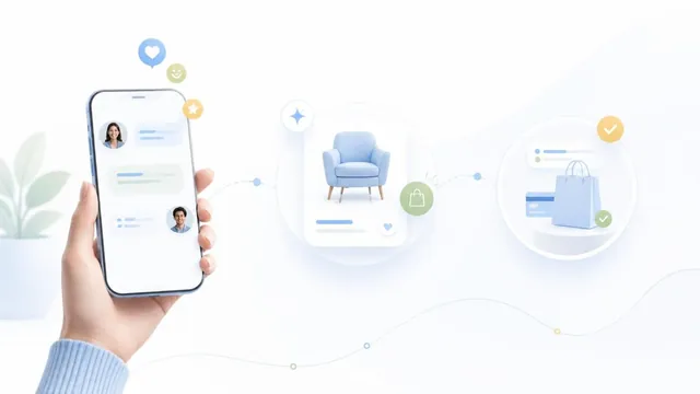 Eine Hand hält ein Smartphone mit einem Kundenchat, der von einem Produkt zu einem abgeschlossenen Kauf führt.