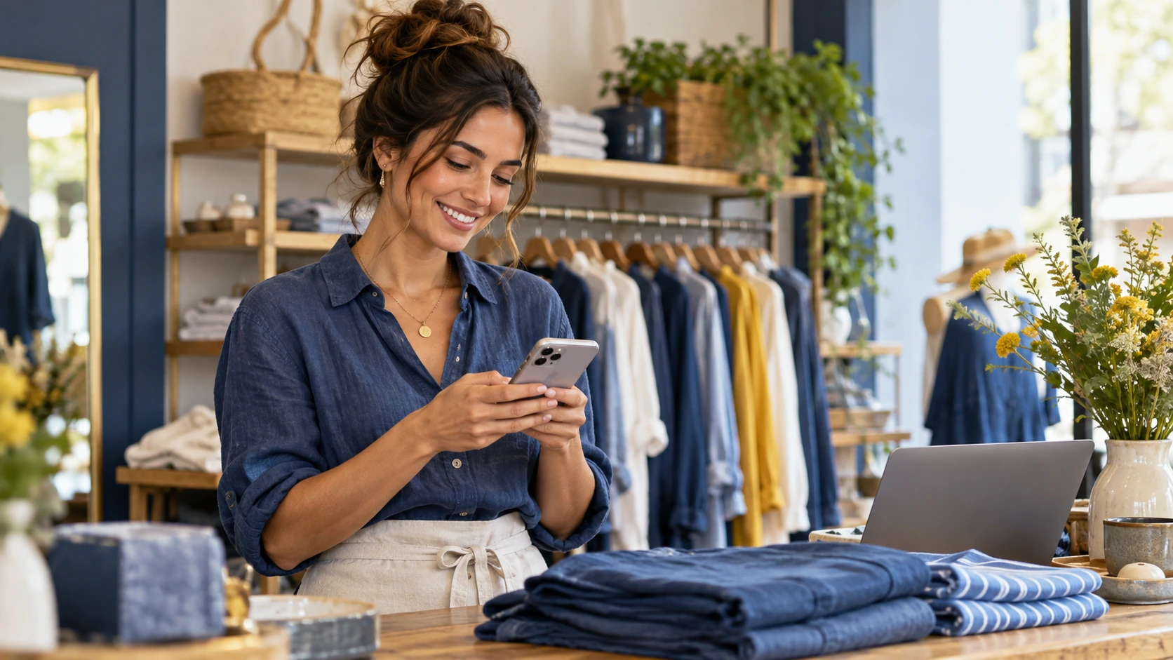 Boutique-Inhaberin antwortet einer Kundin auf dem Handy, neben gefalteter Kleidung.