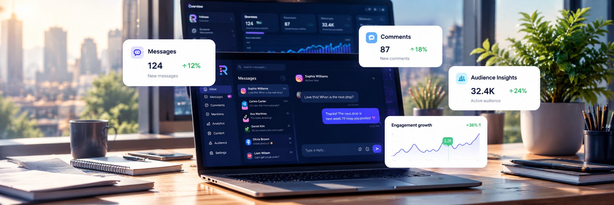 El panel de repliso con mensajes, comentarios e información sobre la audiencia